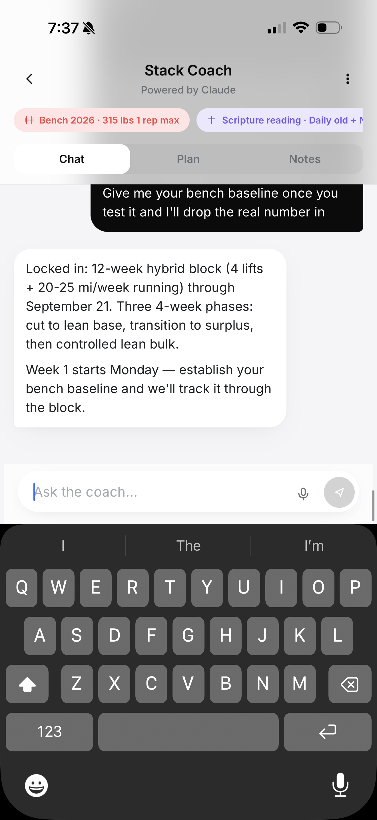 Stack Coach AI chat, powered by Claude